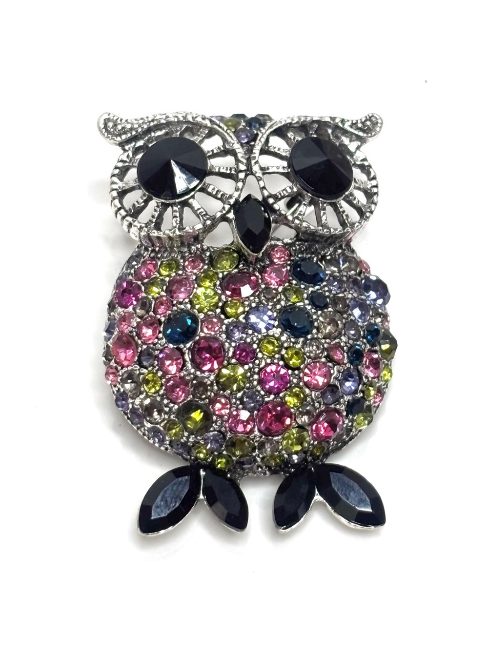 Colorful Rhinestone Owl Brooch Silver Tone